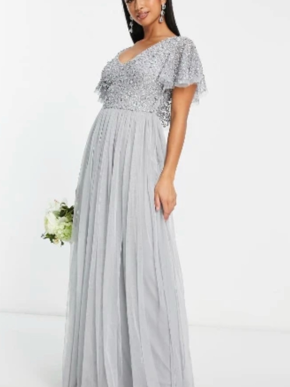 Silver Embellished V-Neck Maxi Dress
